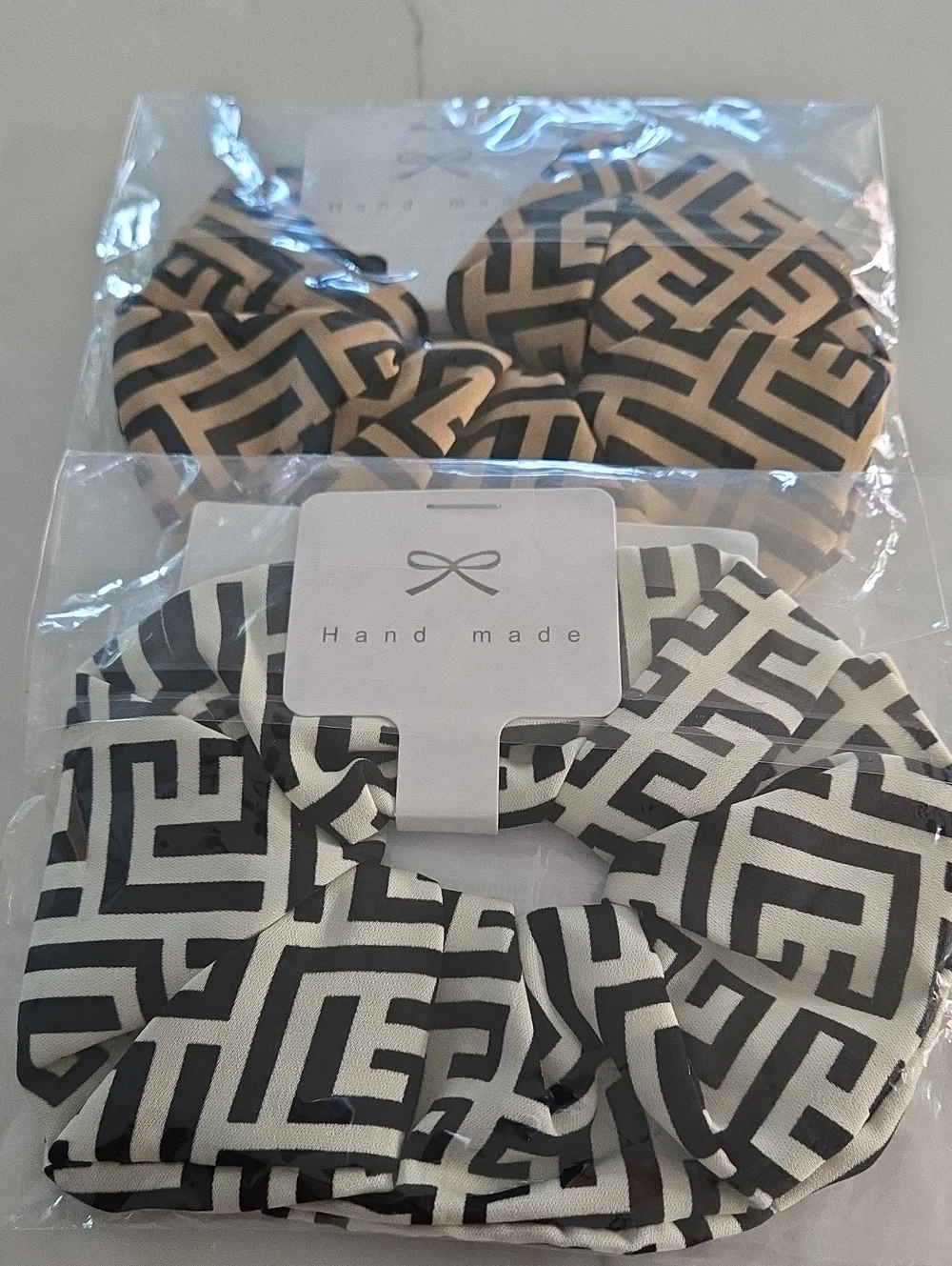 Hand Made Scrunchie Set Black & White Geometric Print New